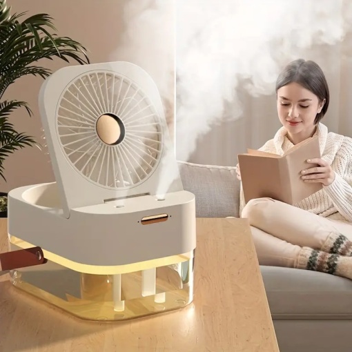 Ventilator 2 in 1, purificare si umidificare aer, portabil, rezervor apa, 3 trepte de viteza, 3 trepte pulverizare, incarcare USB, dimensiuni 12.5 x 22 x 16 cm, alb