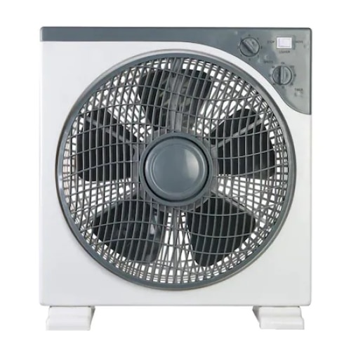 Ventilator box, cu grila rotativa, cu 3 trepte de viteza, timer reglabil incorporat, alb/gri