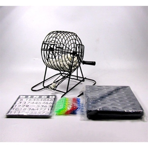 Joc de loterie tip Bingo, portabil, dimensiuni 21x21x20.5 cm, cu 75 de bile albe, pentru 4 jucatori, din metal si plastic, negru/alb