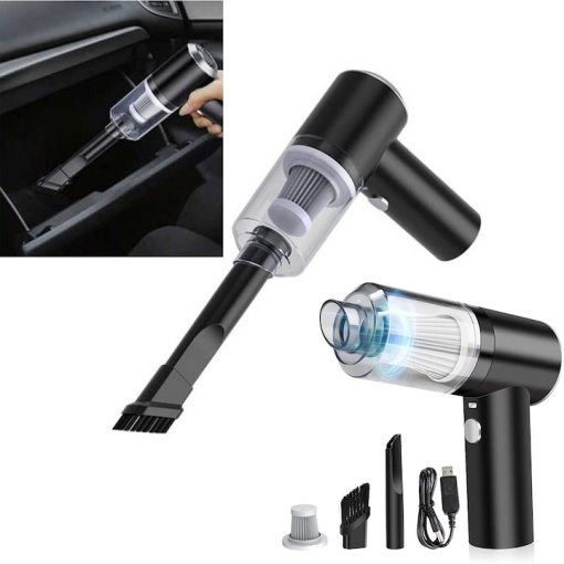 Mini aspirator auto portabil, reincarcabil, filtru HEPA, functie de suflare si aspirare, acumulator durabil, cu accesoriu pentru spatii inguste, negru