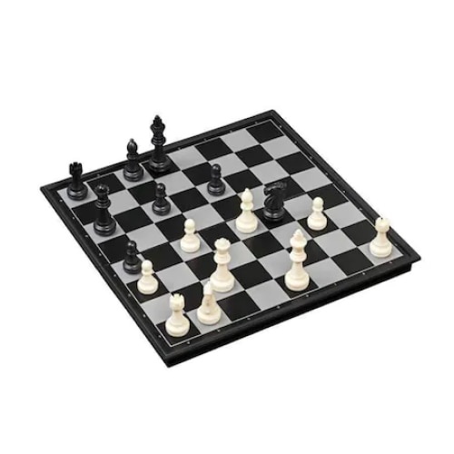Joc 3 in 1, cu sah, dame si table, magnetic, dimensiuni 36 cm, metalic, alb/negru