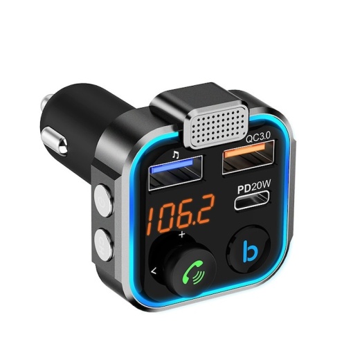 Modulator auto, cu conectare dubla, functie hands-free, microfon incorporat, bluetooth, Fastcharge 3.0, USB tip C, negru/argintiu