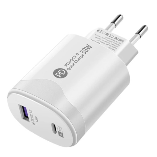 Adaptor pentru incarcator, 38W, 2 porturi, 1 USB + 1 tip C, incarcare rapida, USB pentru telefon mobil, alb