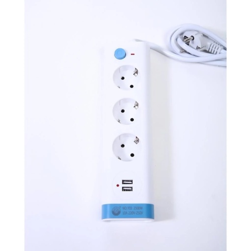 Prelungitor cu 3 prize, buton ON/OFF, 2 mufe USB, lungime cablu 3m, corp neinflamabil, comutator de suprasarcina, alb