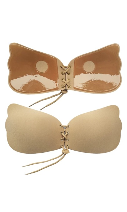 Sutien, autoadeziv, din silicon si textil, cupa A, cu siret de reglare, Push Up, bej