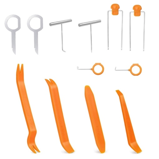 Set 12 instrumente pentru indepartare radio auto, desfacere interior auto, din metal si plastic, portocaliu