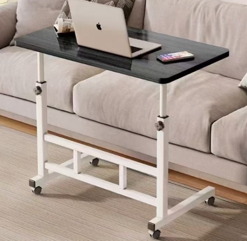 Birou multifuntional cu roti, inaltime reglabila, cadru metalic, blat lemn inchis, dimensiuni 80x40 cm, alb/lemn inchis