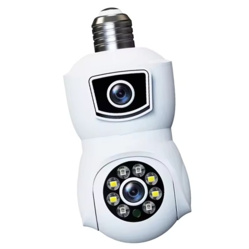Camera de supraveghere tip bec, WiFi, dubla, 360° panoramic, alarma, vedere nocturna, port microSD, detectare a miscarii, alb