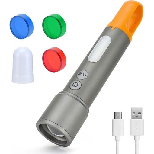 Lanterna LED, reincarcabile USB-C, cu 800 lumeni, cu comutator dublu, 9 moduri, IP65, lumini portabile, rezistente la apa, pentru urgente, camping, gri/galben