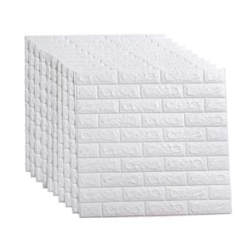 Set 10 x Tapet 3D autocolant FOXMAG24, 77x70 cm, model caramida in relief, alb, rezistent la apa, usor de curatat