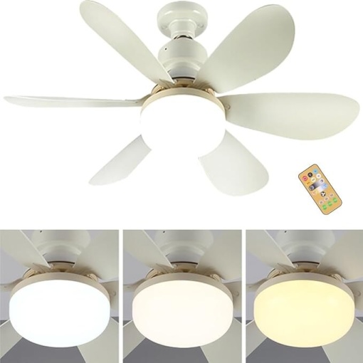 Ventilator de tavan cu bec, telecomanda, 3 viteze, dimensiuni 52x18.5 cm, lumina alba, din plastic si ABS, alb