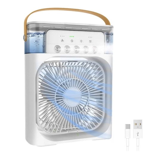 Ventilator 5 in 1, Purificare si Umidificare Aer, Odorizare, Rezervor Apa 600 ml, Temporizator, 3 Trepte de Viteza, 3 Trepde Pulverizare, Conectivitate USB, Picioare Anti-derapante, 22.5 x 15 x 7 cm, Alb