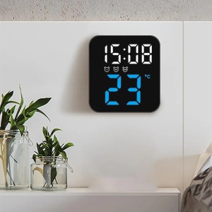 Ceas de masa, cu lumina led albastru, incarcare USB, alarme, calendar, temperatura, functie snooze, mod de noapte, dimensiuni 11 X 10 X 4 cm, negru/albastru - Img 1