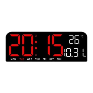 Ceas de masa si de perete, digital, cu lumina led rosu, calendar, cronometru, alarma, termometru, functie snooze, 2 moduri de iluminare, dimensiuni 24x9cm, negru/rosu - Img 2