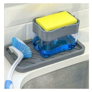 Dispencer pentru detergent de vase, cu suport pentru burete, din plastic, din ABS, cu doua compartimente, gri - Img 4