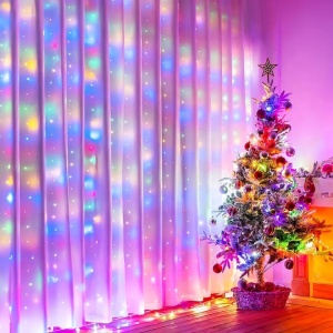 Instalatie luminoasa pentru Craciun, tip perdea, dimensiuni 3X3 m, cu 300 de LED-uri, cu telecomanda si carlige de prindere, multicolor - Img 3