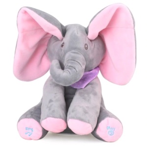 Jucarie interactiva elefant, FOXMAG24, peek a boo, canta si vorbeste, 30x15 cm, gri/roz - Img 1