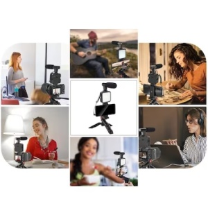 Kit de vlogging, cu microfon si trepied, cu suport de telefon reglabil, lumina LED, functioneaza cu baterii, negru - Img 3
