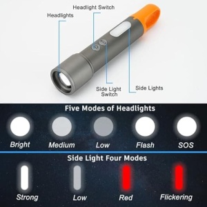 Lanterna LED, reincarcabile USB-C, cu 800 lumeni, cu comutator dublu, 9 moduri, IP65, lumini portabile, rezistente la apa, pentru urgente, camping, gri/galben - Img 4