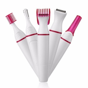 Mini epilator 5 in 1, fara fir, multifunctional, lame din inox, capete lavabile, functionare pe baterii, din ABS, alb - Img 1