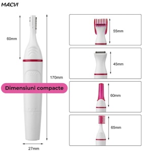 Mini epilator 5 in 1, fara fir, multifunctional, lame din inox, capete lavabile, functionare pe baterii, din ABS, alb - Img 2
