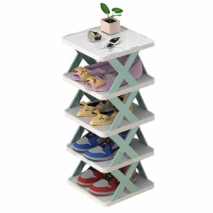 Organizator pentru pantofi, cu 5 polite, din ABS, dimensiuni 26 x 24 x 80 cm, modular, usor de asamblat, alb/verde - Img 1