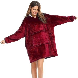 Patura cu maneci, tip hanorac lung, marime universala, din fleece captusit cu blana, cu buzunare, mansete si gluga, rosu - Img 2