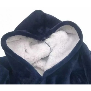 Patura cu maneci, tip hanorac lung, marime universala, din fleece captusit cu blana, cu buzunare, mansete si gluga, albastru - Img 3