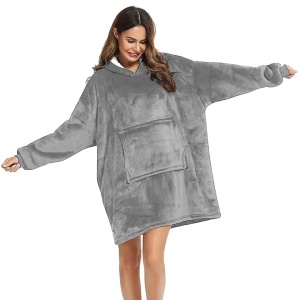 Patura cu maneci, tip hanorac lung, marime universala, din fleece captusit cu blana, cu buzunare, mansete si gluga, gri - Img 3