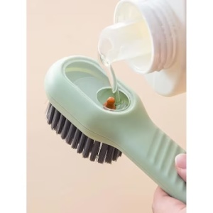 Perie pentru curatare incaltaminte, cu recipient pentru detergent, cu buton de dozare al detergentului, peri foarte moi, din platric, verde - Img 2