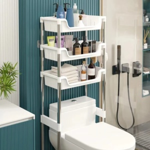 Raft tip organizator pentru baie, deasupra vasului de toaleta, cu 3 polite, dimensiuni 173 x 48.5 x 26 cm, din metal si plastic, extensibil, alb - Img 2