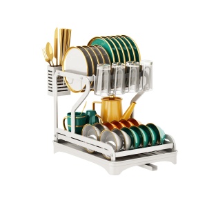 Scurgator de vase, etajat, cu suport cutite, tacamuri, tocator, tava scurgere, 42.4 x 29 x 30 cm, metal si plastic, alb - Img 4