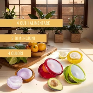 Set 4 cutii alimentare din silicon pentru alimente, reutilizabile, fara BPA, capac transparent, multicolor - Img 3