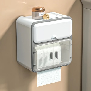 Suport pentru hartie igienica, autoadeziv, dimensiuni 22.5 x 14.5 x 23.5 cm, cu raft de sustinere pentru telefonul mobil, alb - Img 1