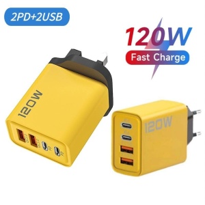 Adaptor pentru incarcator, 120W, 4 porturi, 2 USB + 2 tip C, incarcare rapida, USB pentru telefon mobil, galben/negru - Img 2