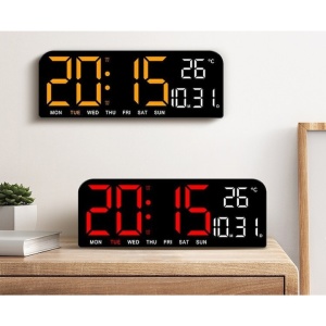 Ceas de masa si de perete, digital, cu lumina led rosu, calendar, cronometru, alarma, termometru, functie snooze, 2 moduri de iluminare, dimensiuni 24x9cm, negru/rosu - Img 3