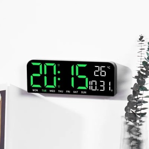 Ceas de masa si de perete, digital, cu lumina led verde, calendar, cronometru, alarma, termometru, functie snooze, 2 moduri de iluminare, dimensiuni 24x9cm, negru/verde - Img 1