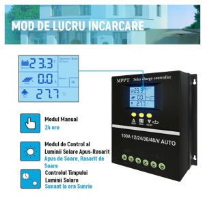 Controler de incarcare solar 100A, Regulator inteligent cu port USB dublu, parametrul automat PWM, display LCD, 7 moduri de functionare, 6 protectii functionale, 12V/24V/36V/48V, negru - Img 5
