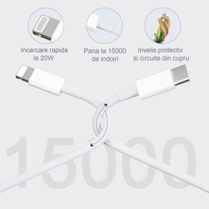 Incarcator, adaptor tip C to Lightning, incarcare rapida, lungime cablu 100 cm, putere 20W, Alb - Img 2