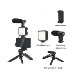 Kit de vlogging, cu microfon si trepied, cu suport de telefon reglabil, lumina LED, functioneaza cu baterii, negru - Img 4