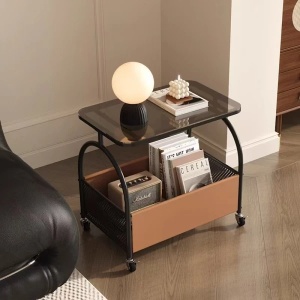 Masuta portabila cu compartiment pentru depozitare, blat din sticla, cadru metalic, dimensiuni 56 x 55 x 36 cm, negru - Img 1