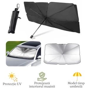 Parasolar auto tip umbrela, pliabil, protectie UV, acoperire extinsa, dimensiuni 130x75 cm, termoizolant, negru/argintiu - Img 2
