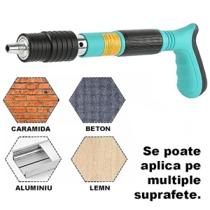 Pistol manual pentru fixarea cuielor/niturilor in perete, lungime 30 cm, calibru 7.3 cm, pneumatic, cu accesorii, ochelari de protectie si cutie transport, negru/verde - Img 4