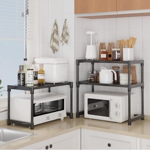 Raft extensibil, suport pentru cuptorul cu microunde, multifunctional, pentru bucatarie, baie, dormitor, din metal si plastic, eco-friendly, instalare usoara, negru - Img 2