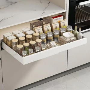 Sertar extensibil din metal, cu 3 glisiere autoadezive, extragere 80%, dimensiuni 31-50 cm x 42 cm x 6 cm, alb - Img 3
