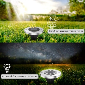 Set 4 lampi solare, tip spot, cu sistem de fixare tip tarus, rezistente la apa, carcasa metalica, cu 8 LED-uri, argintiu - Img 3