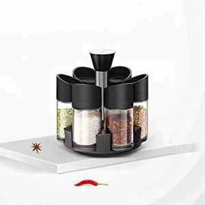 Set 6 recipiente pentru condimente, cu suport rotativ, din ABS, dimensiuni 18x16x12cm, alb/negru - Img 2