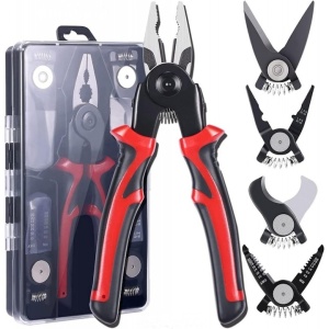 Set multifunctional 5 in 1, patent, dezizolat, cleste, sertizat, foarfeca, unelte multifunctionale, cutie de transport, rosu/negru - Img 1
