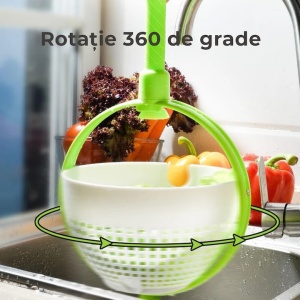 Strecuratoare rotativa multifunctionala, pentru uscat salata, cu maner extensibil si sistem de centrifugare, din plastic rezistent, alb/verde - Img 2