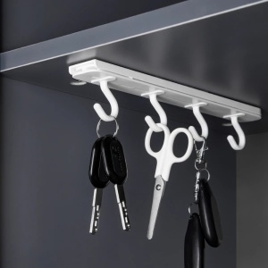 Suport autoadeviz pentru ustensile bucatarie, retractabil, cu 4 carlige, dimensiuni 26.4 x 4.6 x 3 cm, din plastic, alb - Img 2